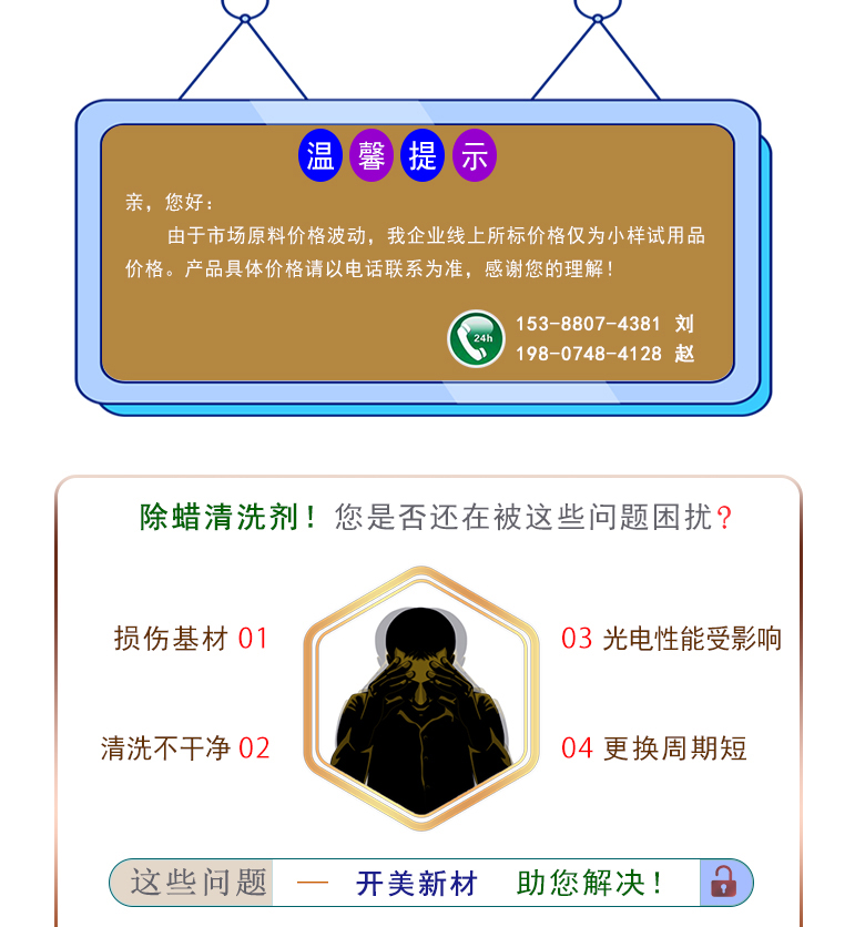 產(chǎn)品名稱：除蠟清洗劑 KL-2066  生產(chǎn)企業(yè)：湖南開美新材料科技有限公司  特點及應用：除蠟清洗劑 KL-2066KL-2101是針對光學玻璃其生產(chǎn)加工過程中污染物的物性而研制的一種環(huán)保型水基清洗劑。該產(chǎn)品可以用于視窗蓋板玻璃，光學成像玻璃等基材的清洗，可除去表面的手指印、油污，灰塵等殘留物，同時可除去由于硬水中鈣鎂離子殘留所形成的污染物，降低玻璃基材表面的水滴角。  定制開發(fā)說明：開美新材專注于配方型產(chǎn)品研制，可對國內(nèi)外來樣進行解析分析，配方提高。可根據(jù)客戶需求提供個性化、定向產(chǎn)品研制生產(chǎn)。  特點及應用：KL-2066KL-2101是針對光學玻璃其生產(chǎn)加工過程中污染物的物性而研制的一種環(huán)保型水基清洗劑。該產(chǎn)品可以用于視窗蓋板玻璃，光學成像玻璃等基材的清洗，可除去表面的手指印、油污，灰塵等殘留物，同時可除去由于硬水中鈣鎂離子殘留所形成的污染物，降低玻璃基材表面的水滴角。  配槽濃度：根據(jù)清洗對象和污染程度將原液稀釋到1-10%，推薦建議使用濃度為2-5%，可采用浸泡，超聲波，噴淋等清洗方式。使用溫度：50-75℃，建議使用溫度為50-65℃。