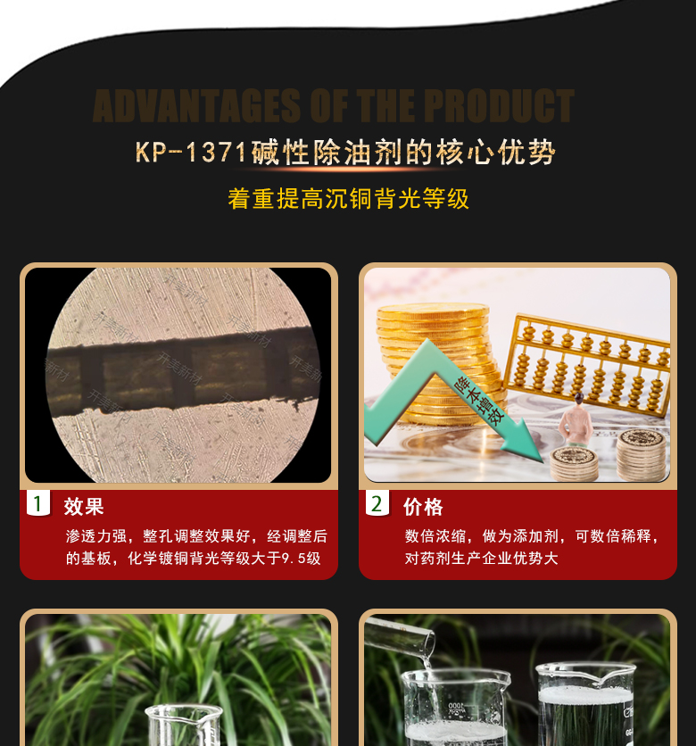 產(chǎn)品名稱：堿性除油劑KP-1371  生產(chǎn)企業(yè)：湖南開美新材料科技有限公司  特點(diǎn)及應(yīng)用：本品是一款潤濕性、耐受性、使用壽命都好PCB印制電路板PTH清潔調(diào)整劑。KP-1371可提升化學(xué)銅背光等級，其還有一個優(yōu)勢是，體現(xiàn)在低的鈀消耗量。該品適用于中高Tg多層及多大孔徑比的FR-4等基材的電荷調(diào)整劑。  定制開發(fā)說明：開美新材專注于配方型產(chǎn)品研制，可對國內(nèi)外來樣進(jìn)行解析分析，配方提高。可根據(jù)客戶需求提供個性化、定向產(chǎn)品研制生產(chǎn)。